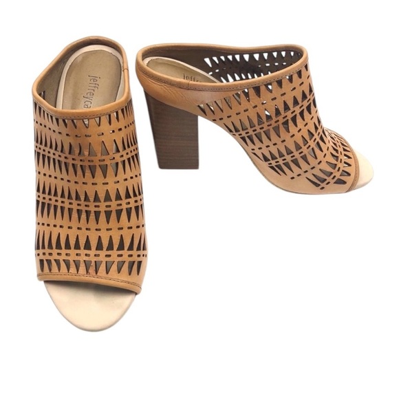 Jeffrey Campbell Tan Cutout Mules With Wood Heel Shoe - SZ 6 Geometric Artful - Picture 1 of 11